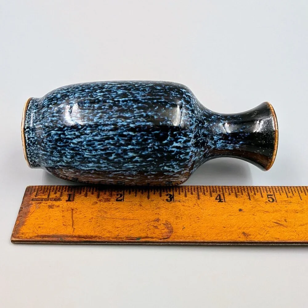 Vintage Miniature Blue Mottled Glaze Ceramic Vase | 5-Inch Decorative Bud Vase - Picture 5 of 5